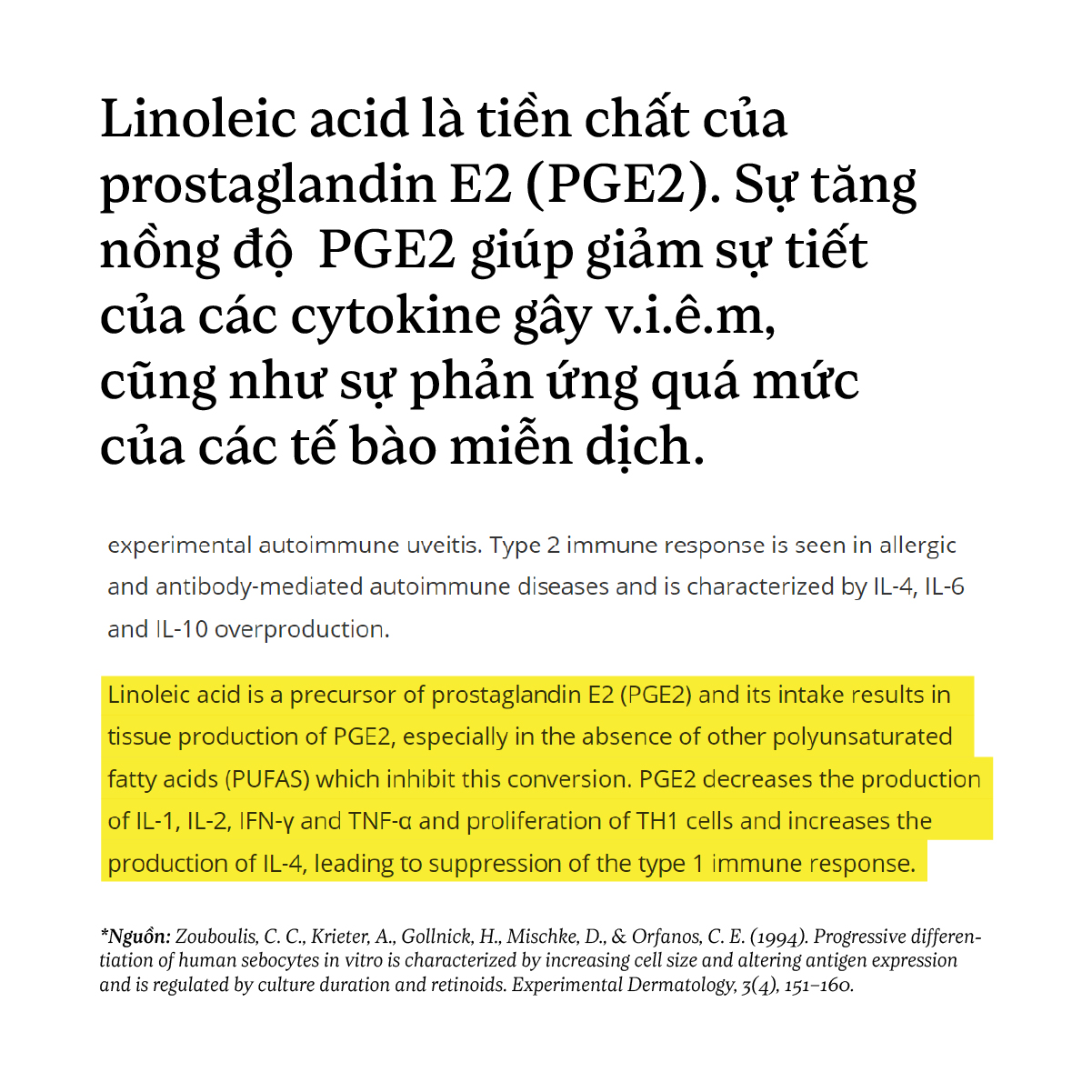 Linoleic acid là tiền chất của prostaglandin E2 (PGE2). Sự tăng nồng độ PGE2 giúp giảm sự tiết của các cytokine gây viêm, cũng như sự phản ứng quá mức của các tế bào miễn dịch.
